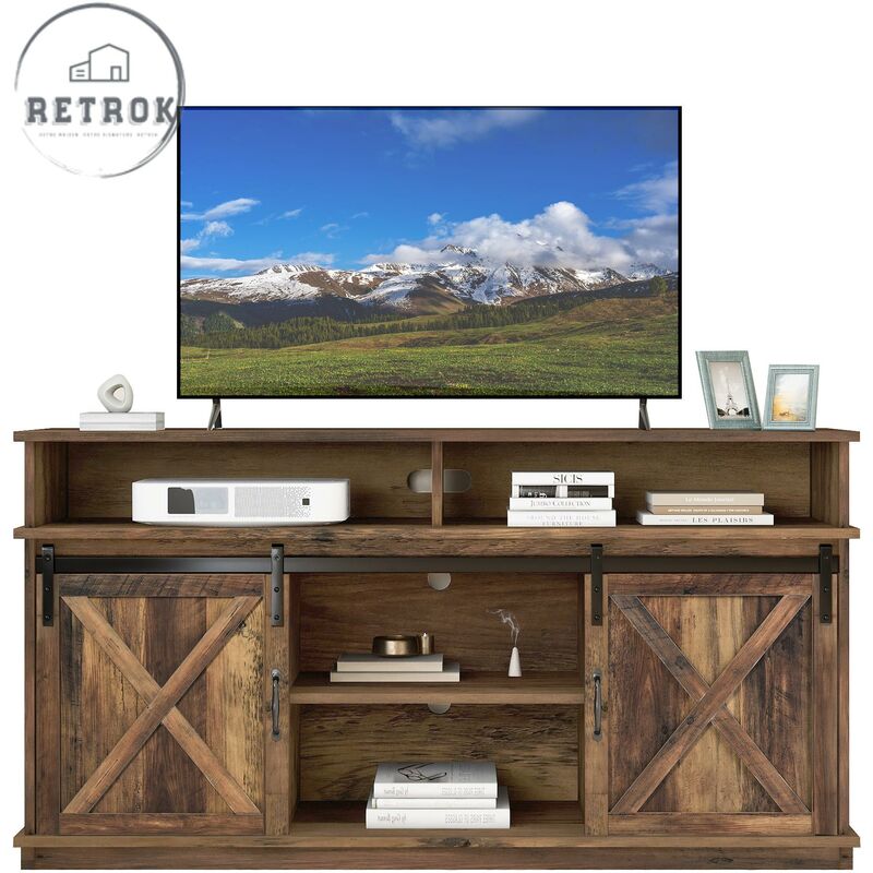 Meuble tv 148cm - avec 2 portes coulissantes, 3 étagères réglables en hauteur, 2 compartiments ouverts, buffet - Marron