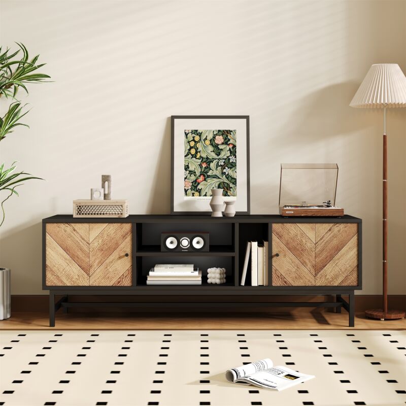 Tanant - Meuble tv 150 cm, avec 2 portes en bois, poignées noires, compartiments ouverts, design contrasté en bois foncé, espace de rangement, Meuble