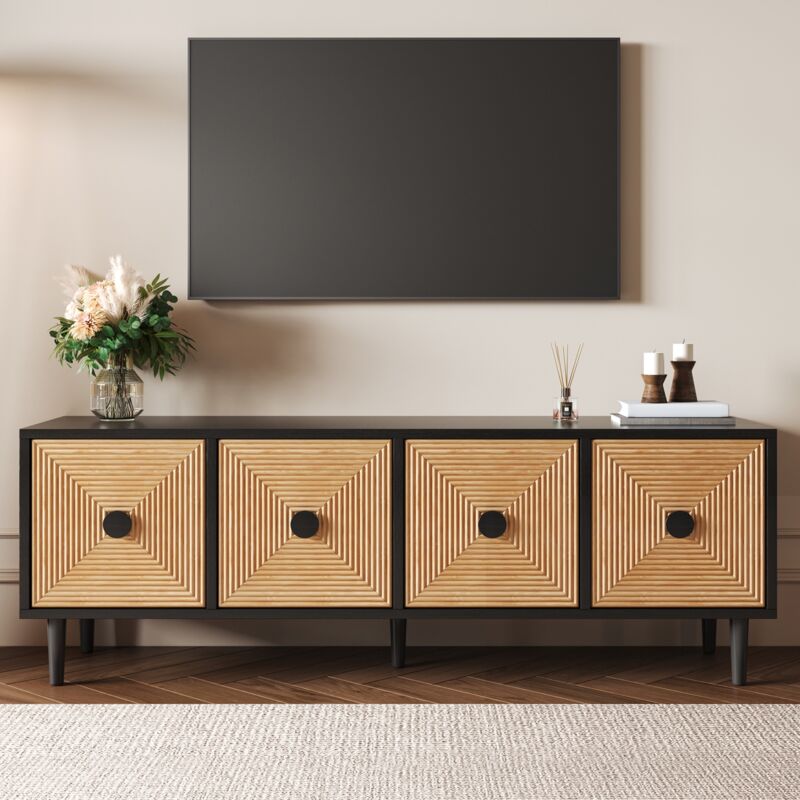 Dans Les Nuages - Meuble tv 150 cm, avec 4 portes en bambou, pieds métalliques, rangement, style Scandinave, Meuble de salon en bois - Noir