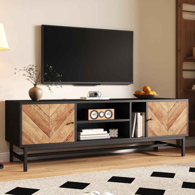 Dans Les Nuages - Meuble tv 150 cm, avec 4 portes en bambou, pieds métalliques, rangement, style Scandinave, Meuble de salon en bois - Noir