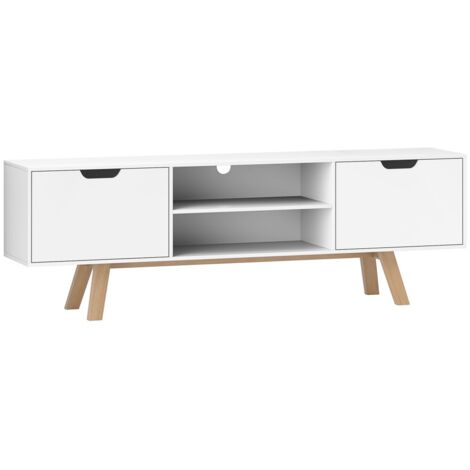 Meuble TV 150 cm - Buffet Bas 2 Portes 2 Etageres - Pour Televiseur Jusqu'a 65 Pouces - Salon Blanc
