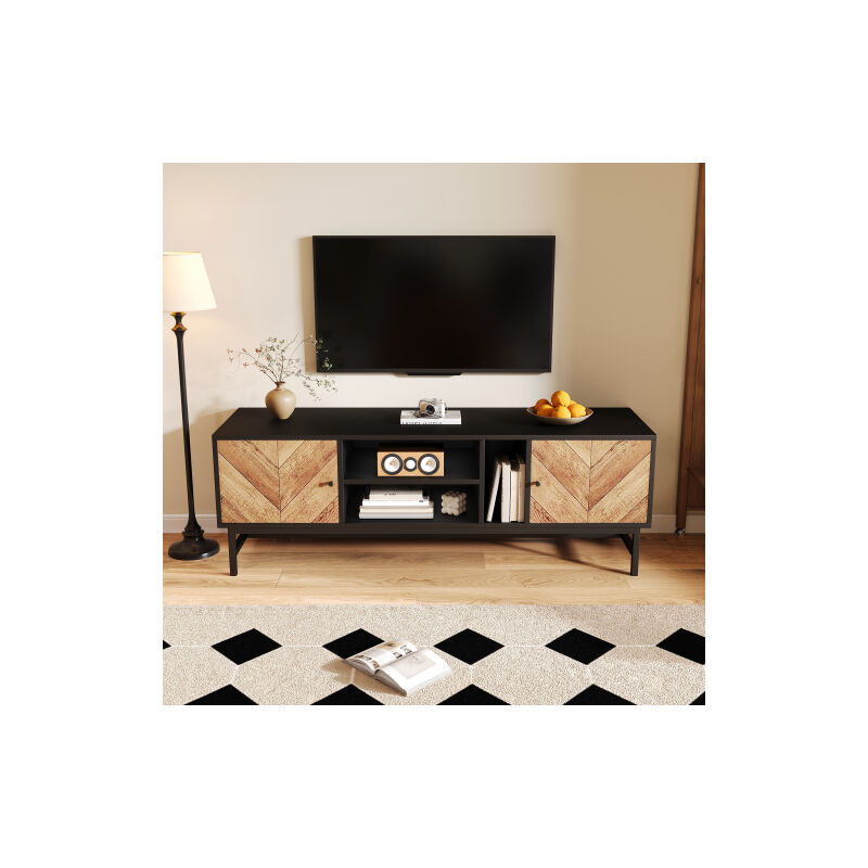 Meuble TV 150 cm – Design contrasté noir et bois avec rangement multifonctionnel, armoires, compartiments horizontaux et verticaux, design moderne et