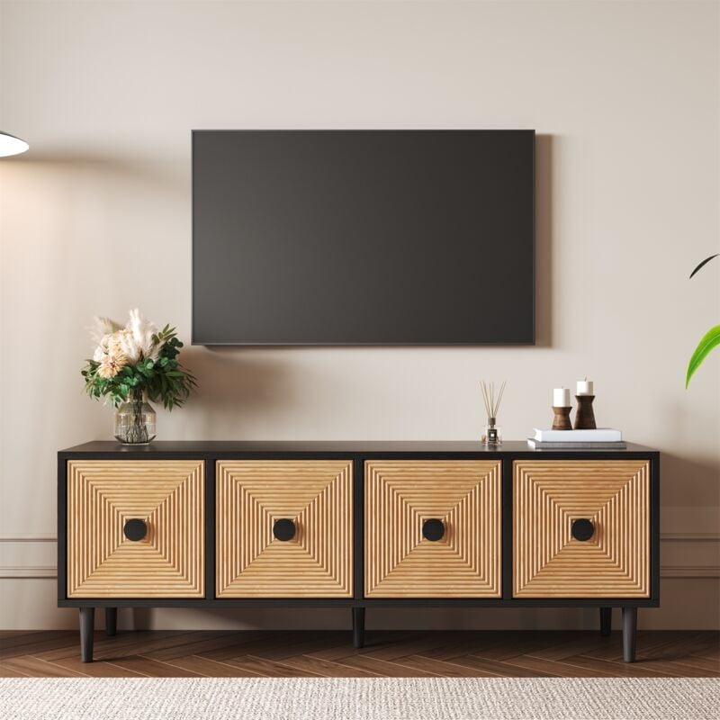 Tanant - Meuble tv 150cm avec 4 portes, espace de rangement, charnières de sécurité, Meuble tv à panneau bas, Meuble tv noir - 150 x 38 x 55 cm - Noir