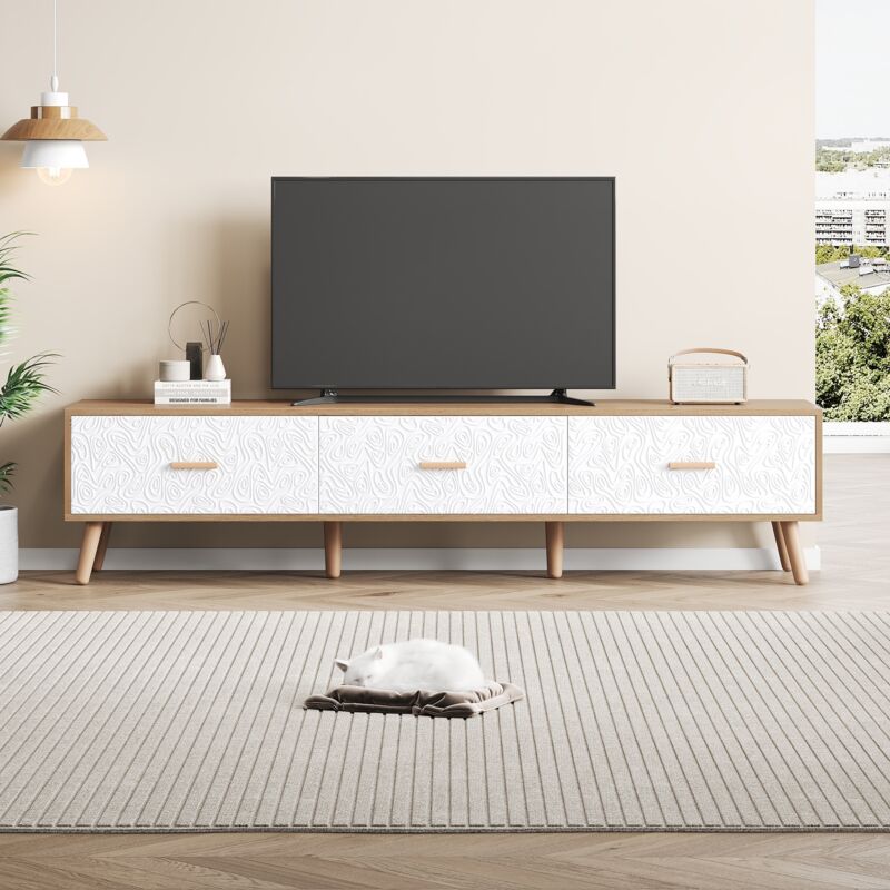 Tanant - Meuble tv 150cm, panneau de porte blanc à motif vintgae, Meuble tv en bois avec 3 tiroirs de rangement, avec poignée, pieds en bois massif,
