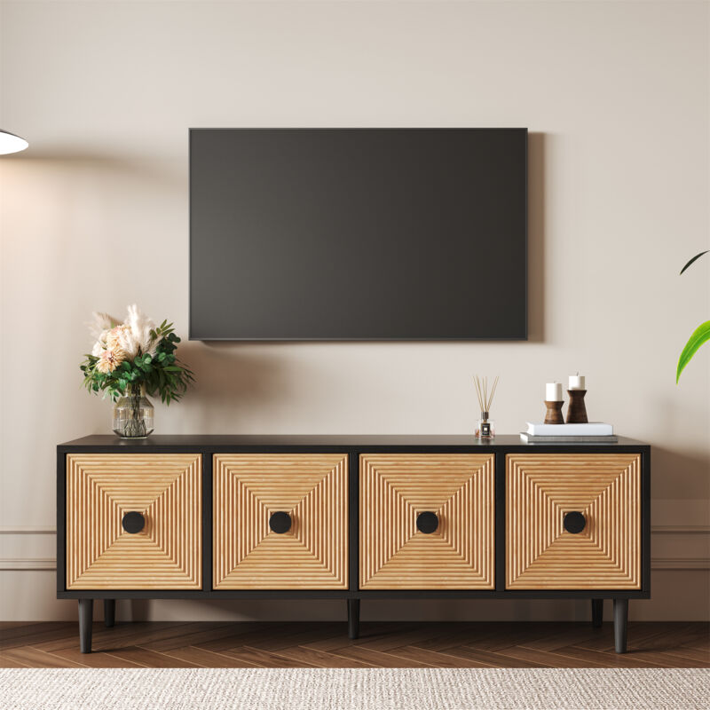 Meuble TV 150x38x50cm - meuble bas avec 4 portes en bambou avec espace de rangement - Noir + couleur bois