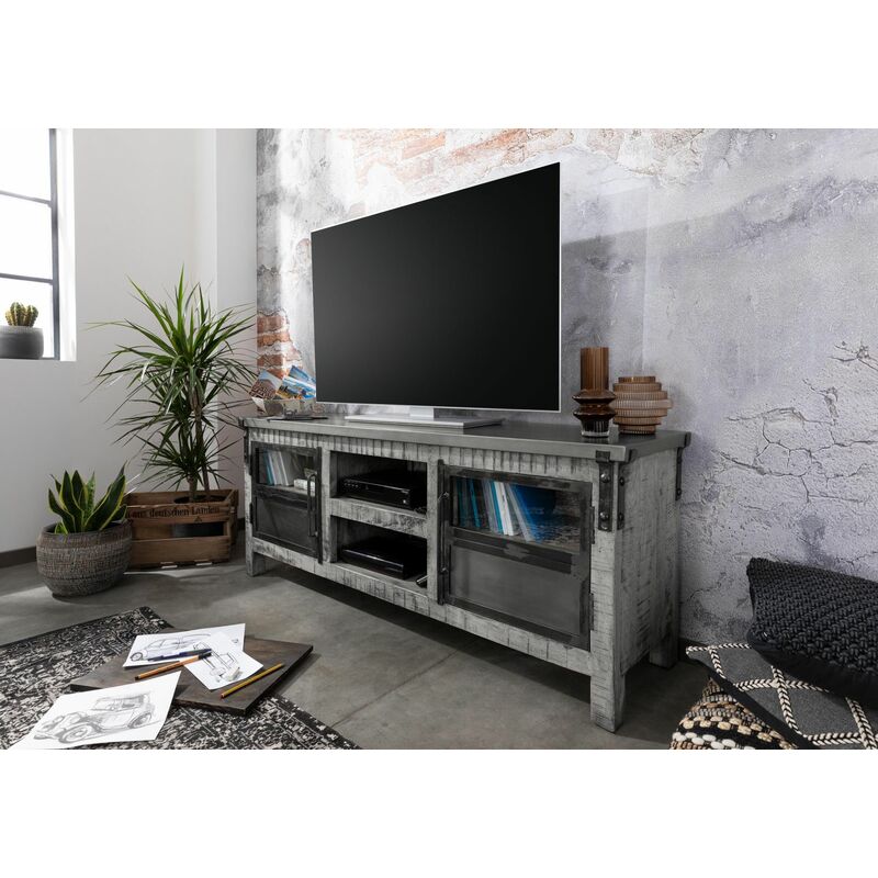 Meuble TV 150x40 Manguier laqué Gris HEAVY INDUSTRY #128 - gris