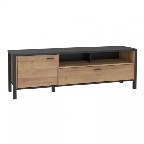 Meuble TV 151 cm décor noir et effet chêne avec poignées noir - MODE