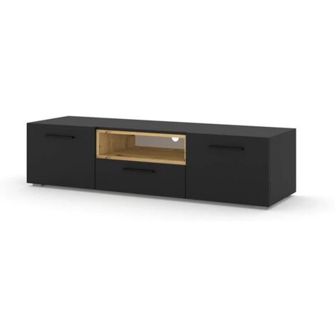 Meuble TV 151 cm noir mat avec étagère en chêne – 3 compartiments fermés – Passage de câbles intégré – Montage facile – Salone Srl