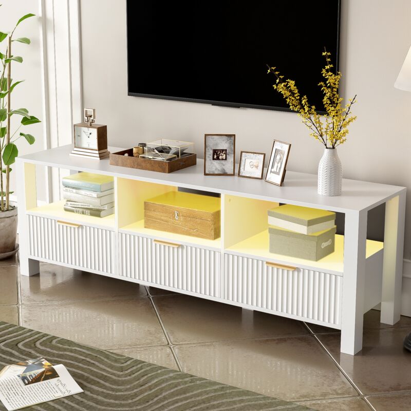 Dans Les Nuages - Meuble tv 152 cm, avec led réglable, 3 tiroirs de rangement, 3 compartiments ouverts, poignées en métal, rectangulaire, scandinave,