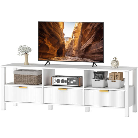 Meuble TV 152 cm blanc, support télé 65 pouces, 3 tiroirs et 3 étagères ouvertes, 152x39,5x50 cm