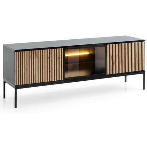 Meuble TV 154 cm Haller - Table TV à lamelles, Buffet TV - Eclairage LED, loft (Wotan / Noir)