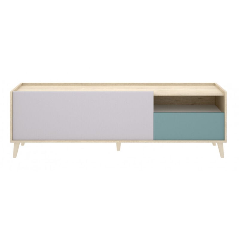 Meuble TV 155x43x47 cm chêne naturel, gris émeraude et blanc mat avec un abattant et un tiroir - Cecina