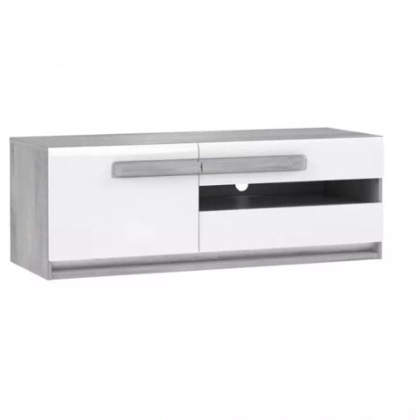 Meuble TV 160 cm 1 porte 2 tiroirs blanc et décor bois gris - ALEXIANE