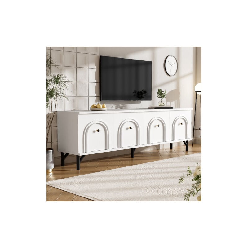 Meuble tv 160 cm, 4 portes, design arche 3D, charnières à fermeture amortie, pieds noirs, panneaux de particules, blanc