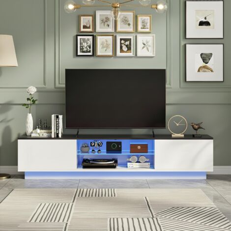 Meuble TV 160 cm avec 2 Placards, Style Moderne, Étagères en Verre, Design Noir et Blanc, Télévision Élégante