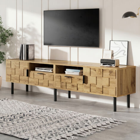 Meuble TV 160 cm avec 2 portes, 2 tiroirs et 2 niches ouvertes, pieds métalliques, aspect bois