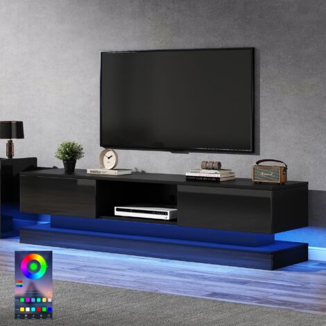 Meuble TV 160 cm, avec éclairage LED, 2 tiroirs, compartiment, laqué brillant, style campagne, app, rectangulaire, meuble salon en bois - Noir