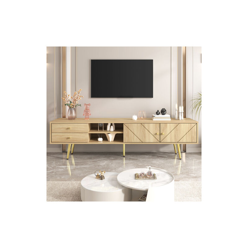 Meuble TV 160 cm avec pieds dorés, deux tiroirs et portes au design unique