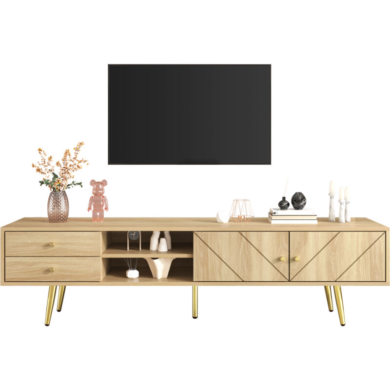 Meuble tv 160 cm avec pieds dorés, deux tiroirs et portes au design unique