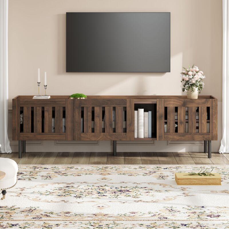 Meuble TV 160 cm, banc téle en bois, avec 4 espaces de rangement et 3 portes ajouré, convient aux téléviseurs jusqu'à 65" - Couleur noyer