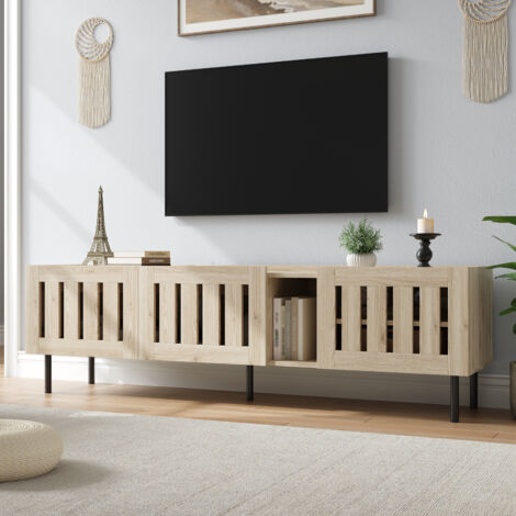 Meuble TV 160 cm bois naturel, portes ajourées, rangement, passe-câbles, 5 pieds, MDF