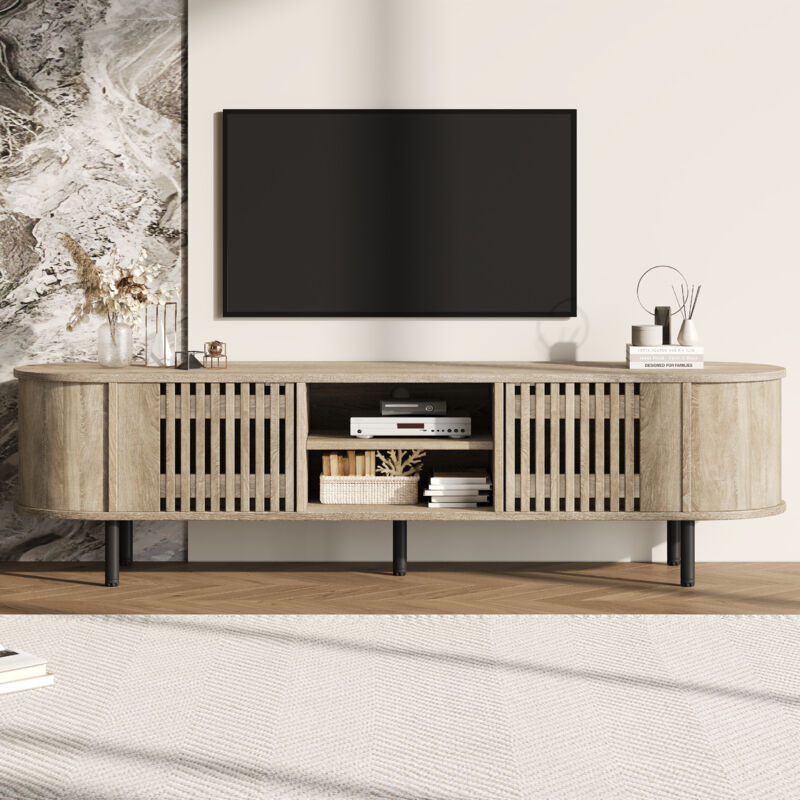 Meuble TV 160 cm en bois massif, style rustique, à 2 portes ajourées, étagères de rangement et 5 pieds, design ovale - Convient aux téléviseurs de 65