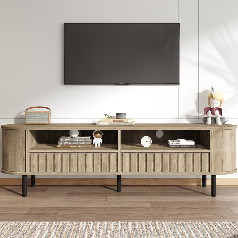 Meuble TV 160 cm en bois massif, style rustique, avec 2 tiroirs, étagères de rangement et 5 pieds, design ovale - Convient aux téléviseurs de 65
