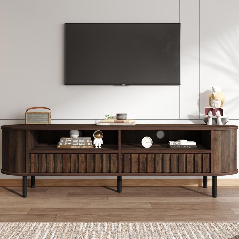 Meuble TV 160 cm en bois massif, style rustique, avec 2 tiroirs, étagères de rangement et 5 pieds, design ovale - Convient aux téléviseurs de 65