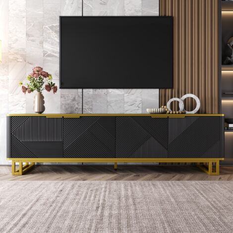 Meuble TV 160 cm, Meuble TV 4 portes de rangement - structure métallique, finition texturée, - design élégant, Noir