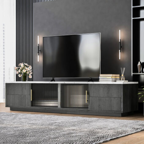 Meuble TV 160 cm - meuble tv aspect marbre - meuble tv gris avec tiroirs à ouverture push - 160x40x39 cm