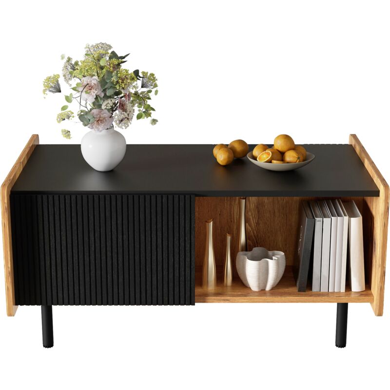 Okwish - Table Basse 90 cm Couleur Noir et Bois - Style Moderne, Deux Compartiments Ouverts et Deux Portes, Charnières Amortissantes