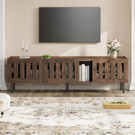 Meuble TV 160 cm noyer, portes ajourées à lattes, passe-câbles, 5 pieds métal, MDF