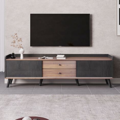 Meuble TV 160 cm, rectangulaire, avec 2 portes coulissantes, 2 tiroirs de rangement, étagère, scandinave, Meuble de salon en bois - Noir
