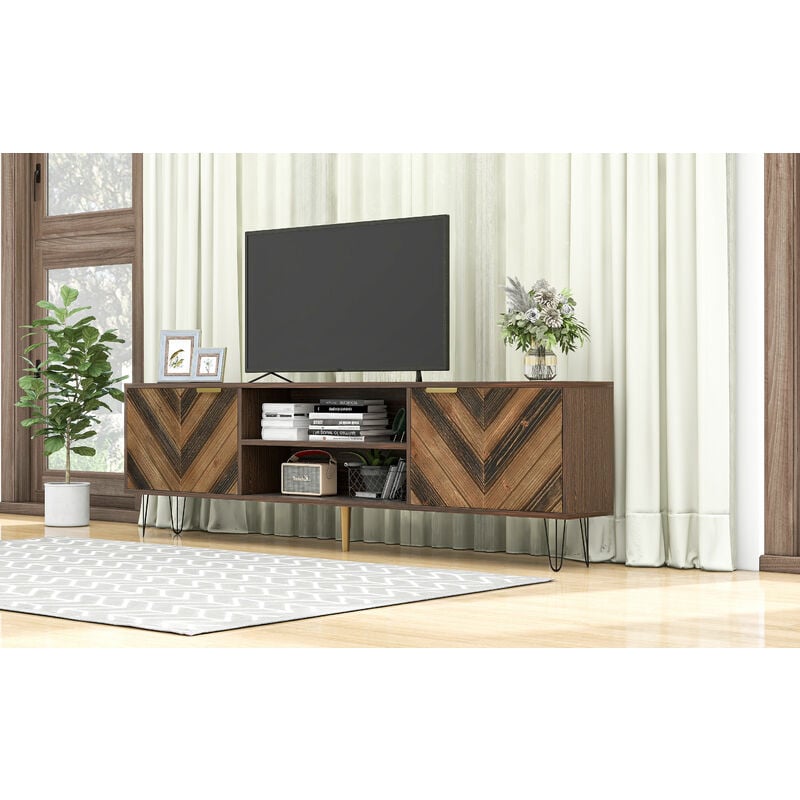 Modernluxe - Meuble tv 160cm en bois massif - 2 compartiments et 2 portes - Marron