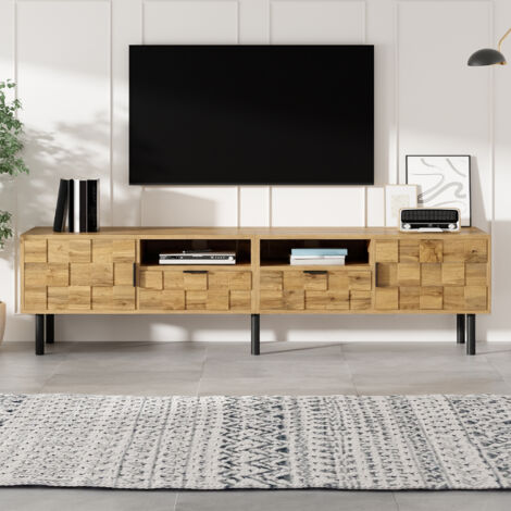 Meuble TV 160 x 35 x 42,5cm,2 portes avec 2 tiroirs, aspect bois, 2 compartiments ouverts,panneaux de particules,Naturel