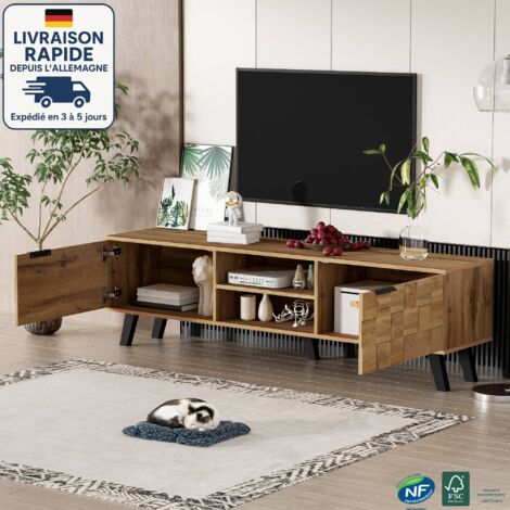 Meuble TV 160,5 x 35,5 x 45 cm avec 2 portes et 2 compartiments ouverts pour le rangement, MDF, naturel