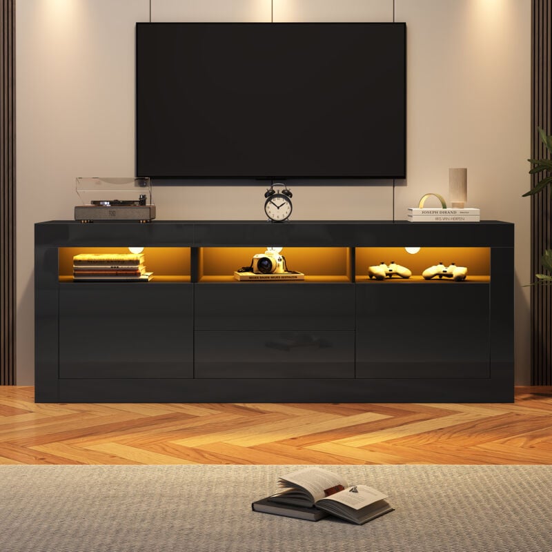 Meuble TV 160cm adapté pour TV 70" - avec LED - 2 portes 2 tiroirs 3 compartiments ouverts - Noir