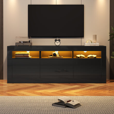 Meuble TV 160cm adapté pour TV 70" - avec LED - 2 portes 2 tiroirs 3 compartiments ouverts - Noir