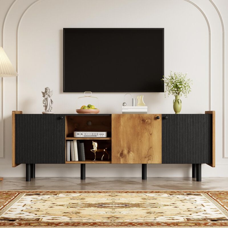Tanant - Meuble tv 160cm avec 2 cloisons ouvertes et 3 portes, poignées noires, rangements, design bicolore, Meuble tv noir, style contemporain