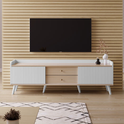 Meuble TV 160cm avec 2 tiroirs et 2 portes coulissantes - Blanc & Naturel