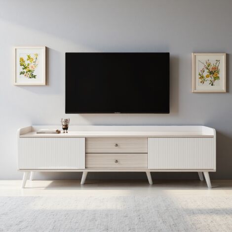 Meuble TV 160cm, avec Deux Tiroirs et Deux Portes Coulissantes, Banc tv avec Rangement, Meuble de salon en bois - Blanc
