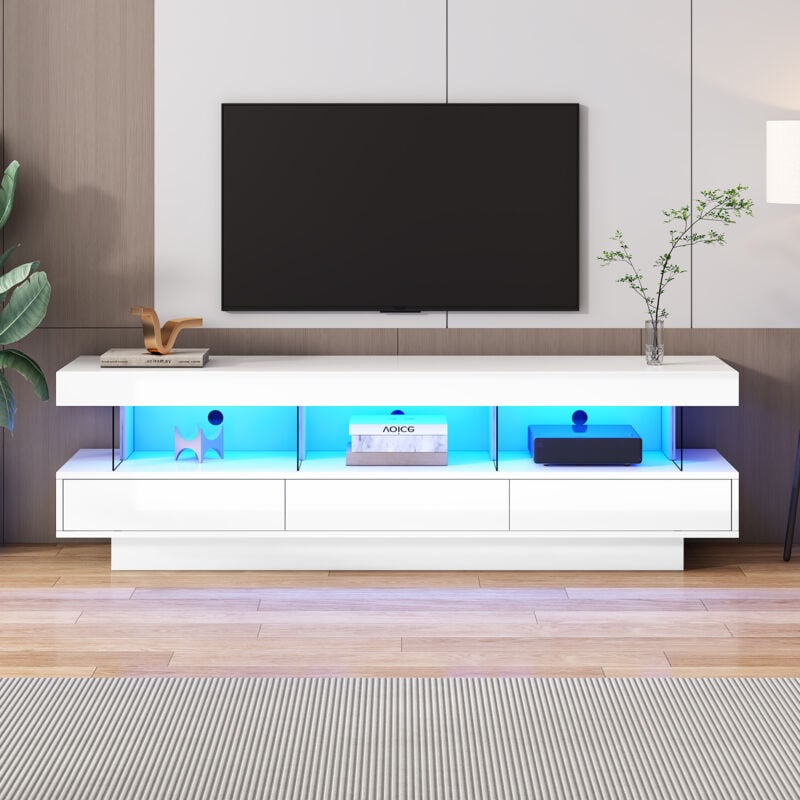 Meuble TV 160cm avec LED - 3 compartiments en verre - contrôlé par APP - adapté pour TV 70" - Blanc
