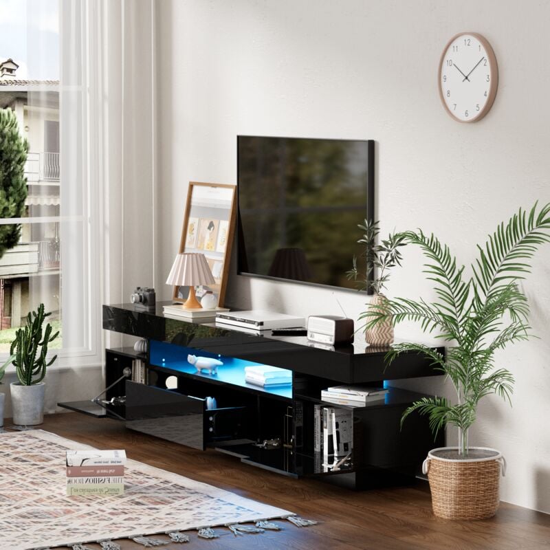 Meuble tv 160cm avec led colorée - finition brillante - grand espace de rangement - Noir