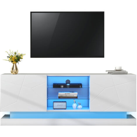 Meuble TV 160 cm Blanc Mat, Étagère Verre Ajustable, Charnières Silencieuses, TV Jusqu’à 70"