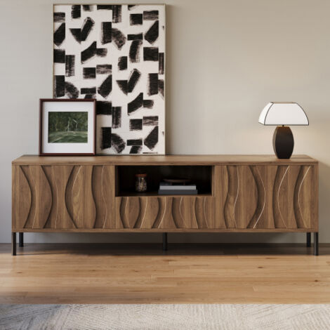 Meuble TV 160x35x46 cm avec 3 portes, étagère de rangement ouverte, en MDF, marron