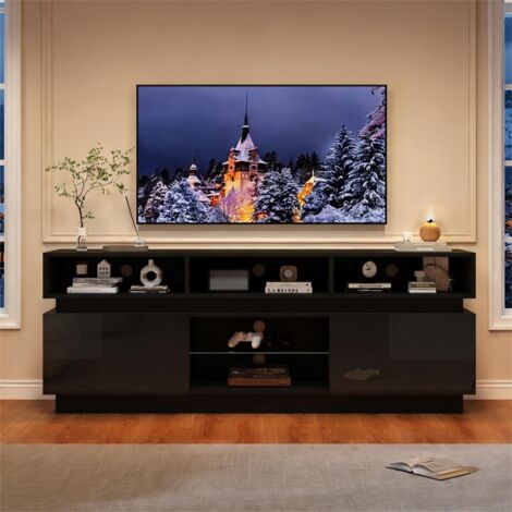 Meuble TV 160x35x60cm noir MDF, étagère verre trempé, éclairage LED intégré, meuble bas salon adapté aux TV jusqu'à 60 pouces