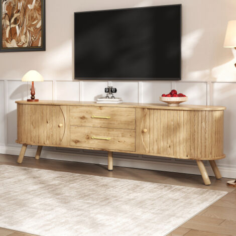 Meuble Tv 160x36,5x55 cm avec 2 portes coulissantes, 2 tiroirs, relief vertical et pieds en bois massif, naturel