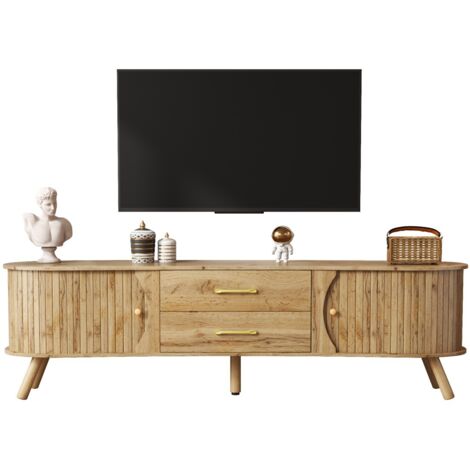 Meuble TV 160x36,5x55cm style scandinave forme pois rainures verticales 2 portes coulissantes 2 tiroirs - Naturel