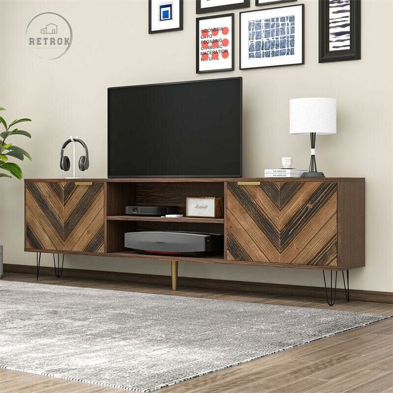 retrok - meuble tv 160x38x47cm - armoire tv à 2 portes en placage de bois massif avec 2 compartiments poignées dorées et pieds en fer - marron