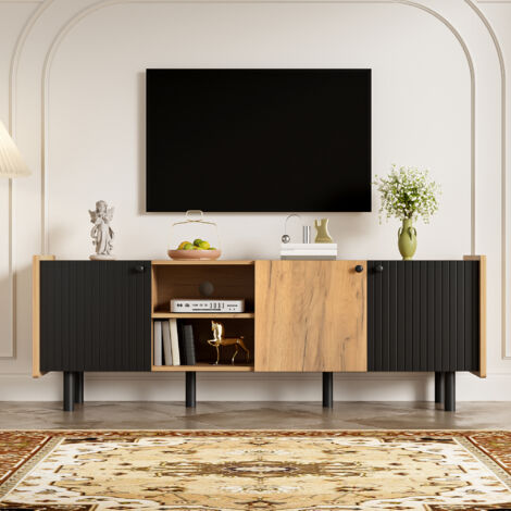 Meuble tv 160x38x57 cm,avec charnières à fermeture amortie,style moderne,noir et bois naturel